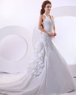 Robes de mariage hérissées profondes sexy de longue queue de robes de mariage de cou de licou de V