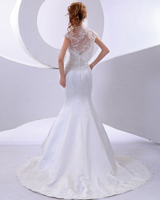 Robes de mariage élégantes de cou de licou de fleur de dentelle de sirène avec la douille courte